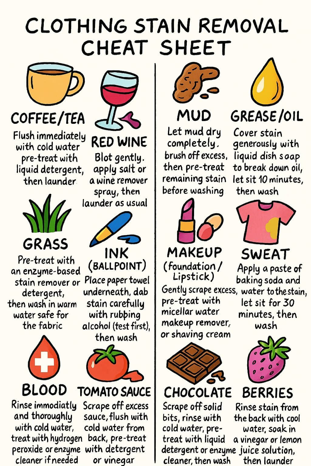 Clothing Stain Cheat Sheet